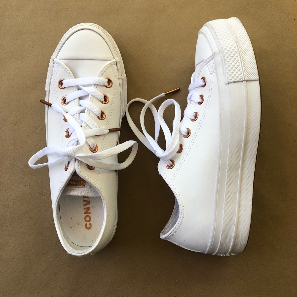 White & Rose Gold Platform Leather Converse